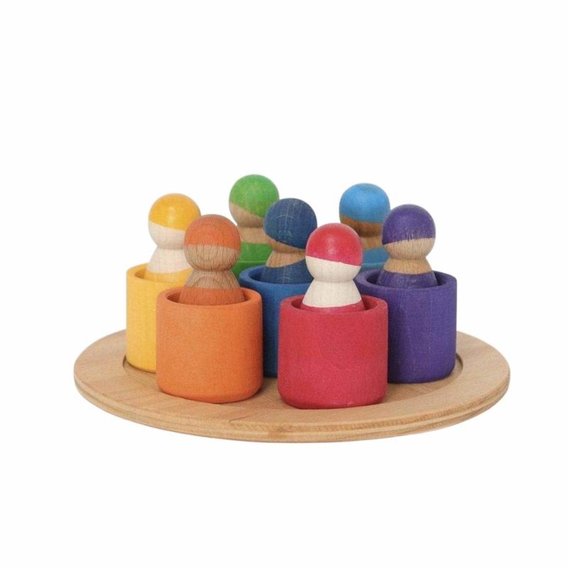 7 Rainbow Wooden Peg Dolls In Bowls Dolls