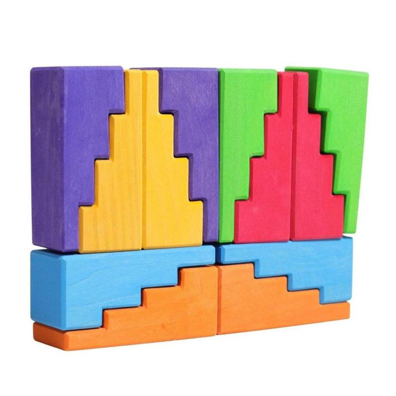 Grimm’s Wooden Stepped Roofs Building Blocks Set – Rainbow Blocks & Building