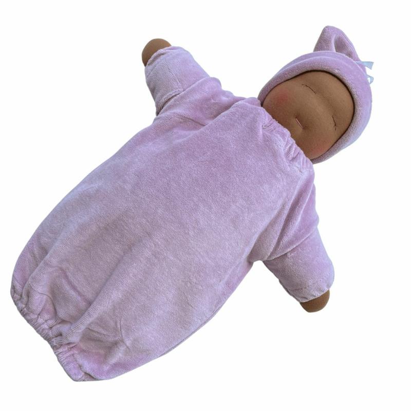 Little Heavy Baby Waldorf Doll – Lilac Bunting With Dark Skin Tone Waldorf Essentials