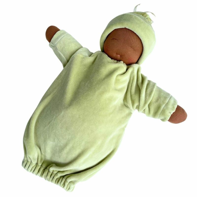 Little Heavy Baby Waldorf Doll – Sage Green Bunting With Dark Skin Tone Waldorf Dolls