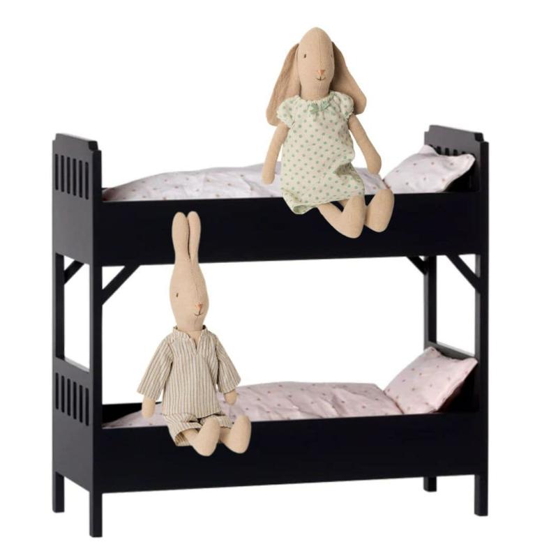 Modern Black Bunkbed With Two Bunnies Dollhouse Furniture & Accessories