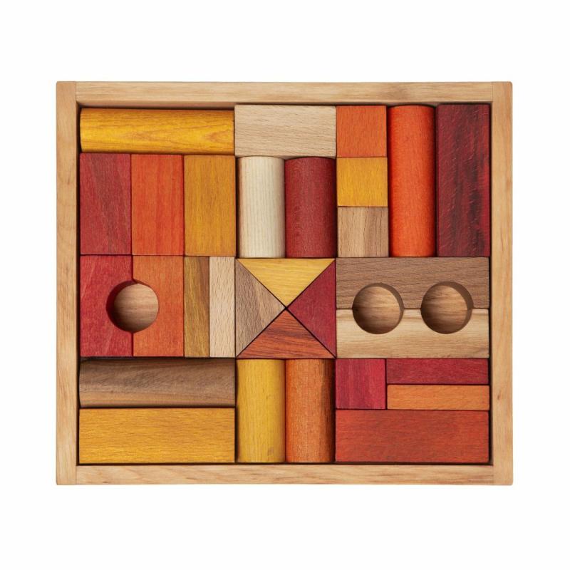 Warm Colored Wooden Block Set With Storage Tray – 30 Pieces Blocks & Building