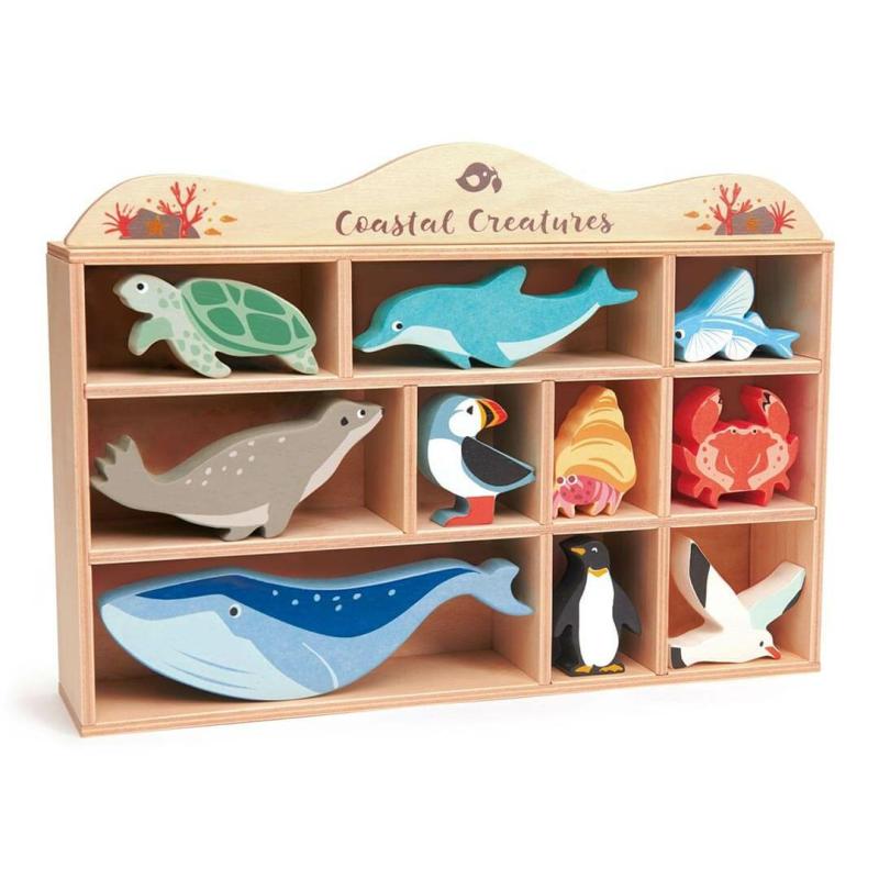 Wooden Coastal Animal Figures And Display Case Pretend Play