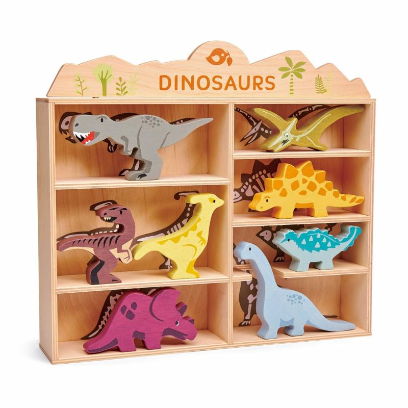 Wooden Dinosaur Figures And Display Case Pretend Play