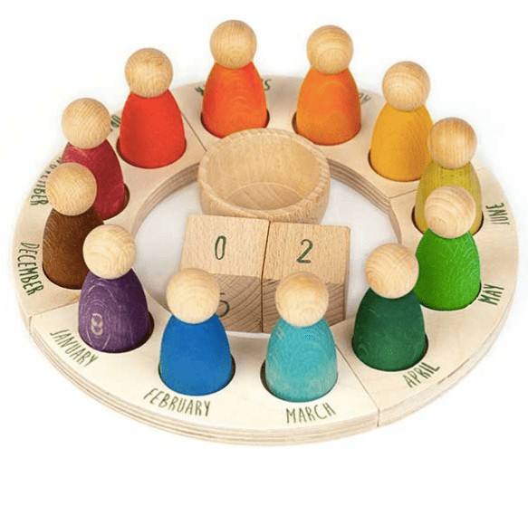 Wooden Rainbow Perpetual Calendar With Peg Figures Summer Nature Table